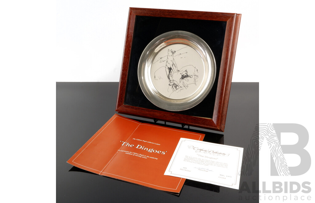 Limited Edition 140 of 1000, The Clifton Pugh Sterling Silver Collectors Plate, The Dingoes, in Wooden Frame, with Certificate of Authenticity