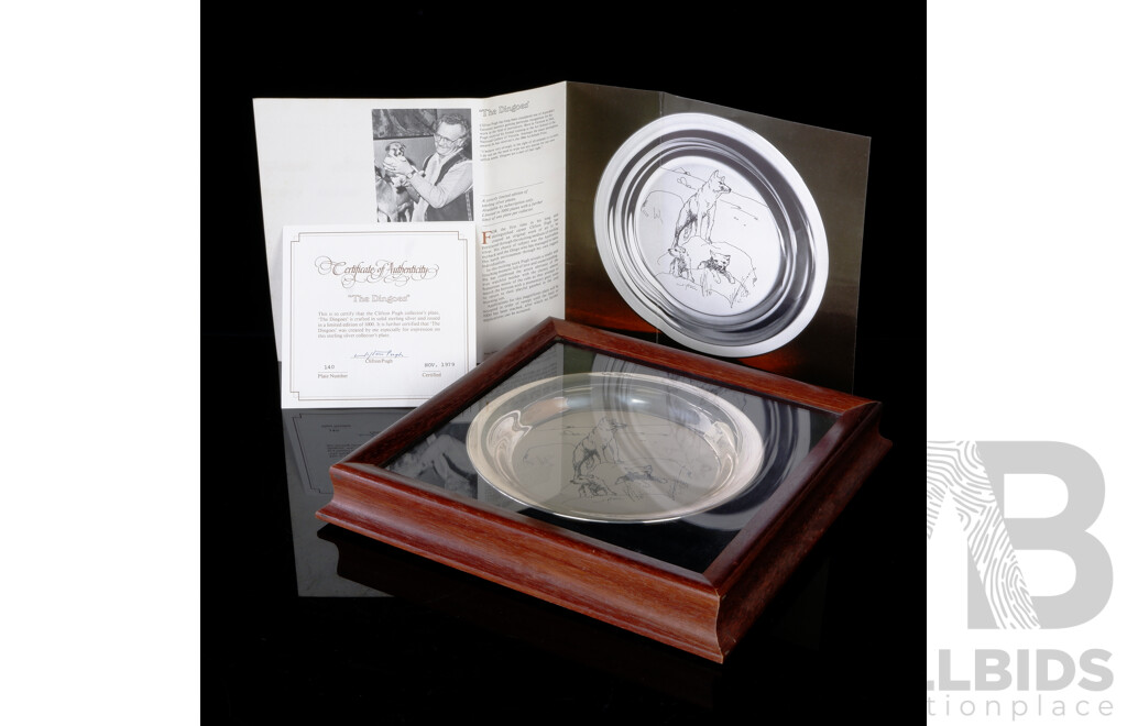 Limited Edition 140 of 1000, The Clifton Pugh Sterling Silver Collectors Plate, The Dingoes, in Wooden Frame, with Certificate of Authenticity