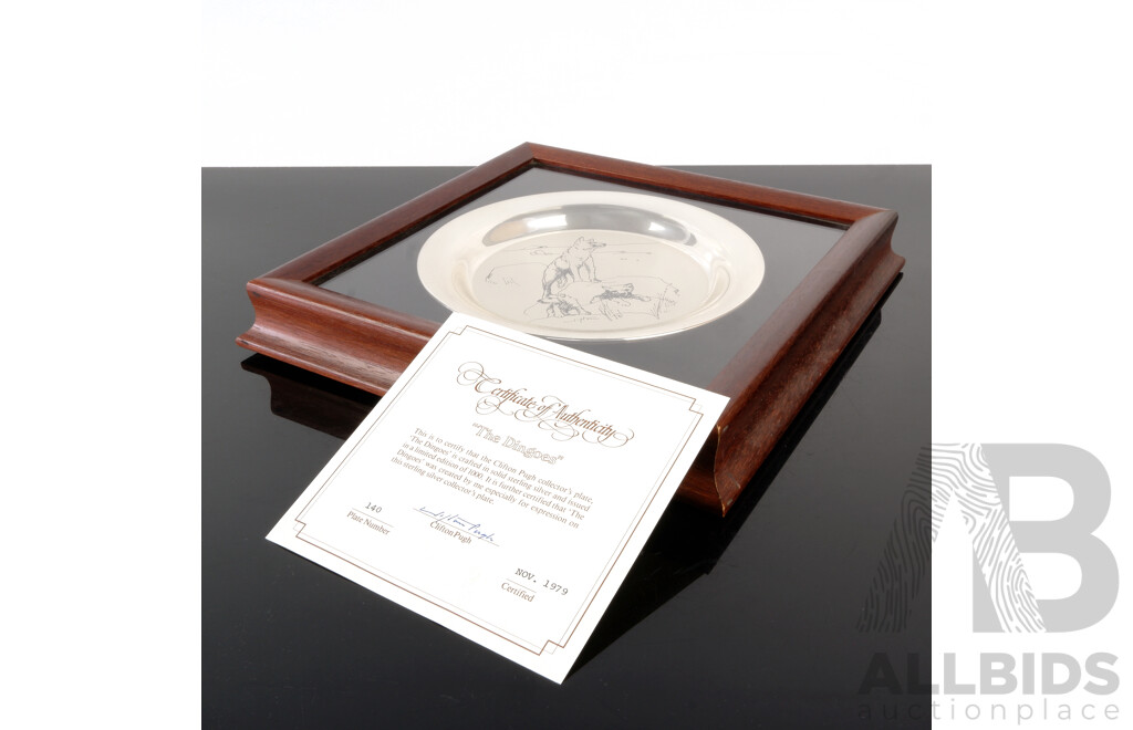 Limited Edition 140 of 1000, The Clifton Pugh Sterling Silver Collectors Plate, The Dingoes, in Wooden Frame, with Certificate of Authenticity