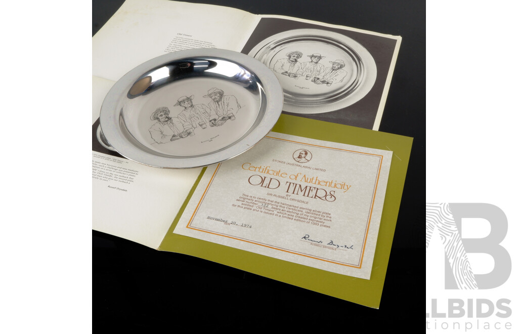 Limited Edition 322 of 1003, Sir Russel Drysdale, Sterling Silver Collectors Plate, Old Timers, with Certificate of Authenticity & Original Box