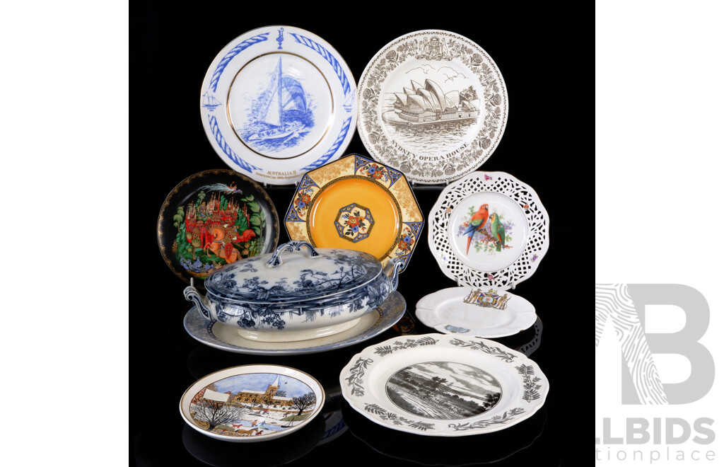 Collection Mostly English Porcelain Including Antique Blue and White Lidded Tureen in Gipsy Design & Selection Collectors Display Plates