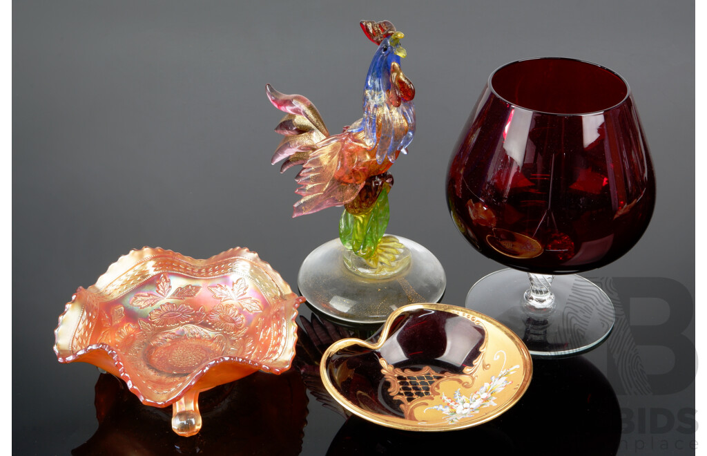 Mid Century Ruby Glass Brandy Balloon, Hand Decorated Venetian Glass Dish, Marigold Carnival Glass Dish with Fluted Rim & Hand Made Glass Rooster with Aventurine Inclusions