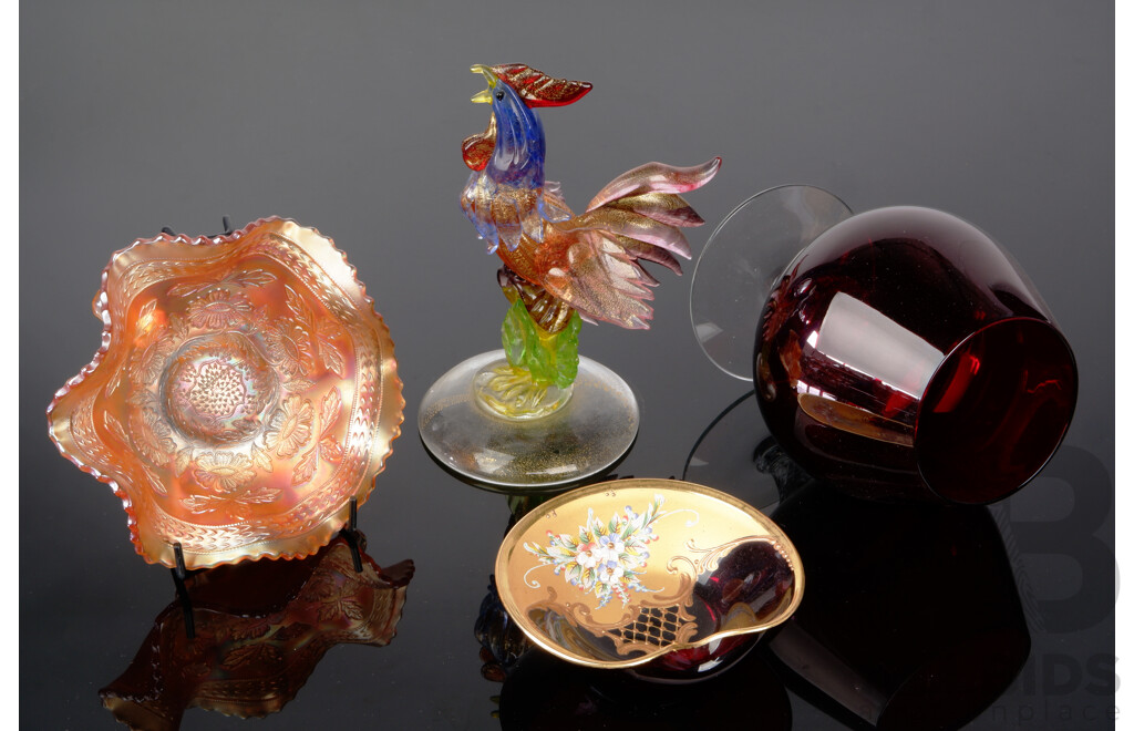 Mid Century Ruby Glass Brandy Balloon, Hand Decorated Venetian Glass Dish, Marigold Carnival Glass Dish with Fluted Rim & Hand Made Glass Rooster with Aventurine Inclusions