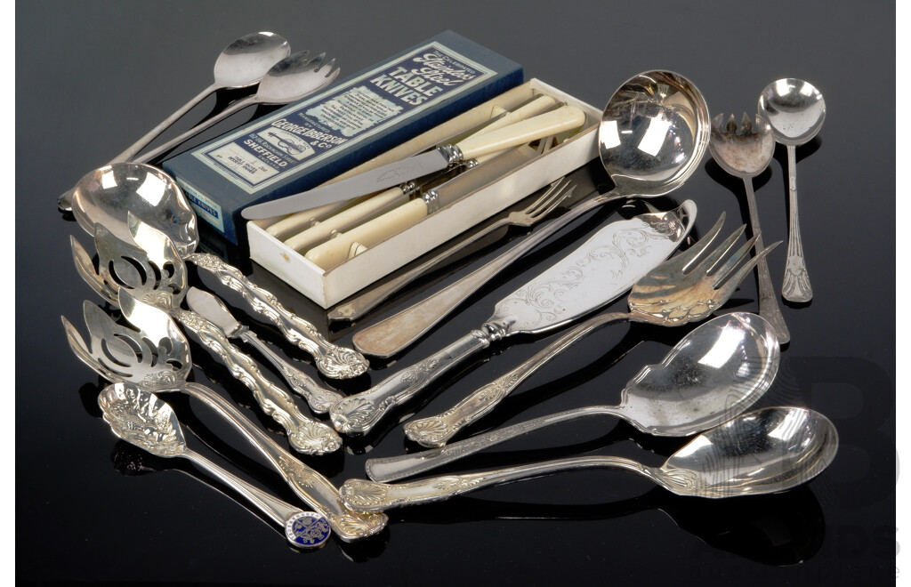 Collection Large Silver Plate Serving Flatware, Some in Kings Pattern & Including Boxed Vintage Table Knives Set