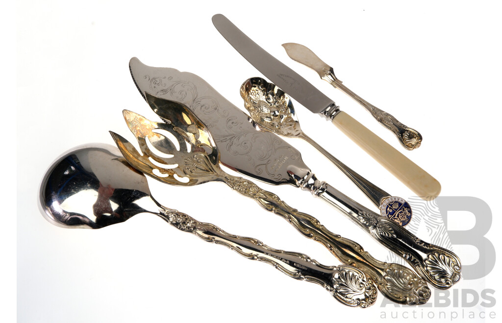 Collection Large Silver Plate Serving Flatware, Some in Kings Pattern & Including Boxed Vintage Table Knives Set