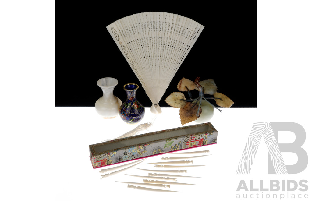 Collection Asian Items Comprising 11 Ivory Toothpicks with Carved Animal Themed Finials, Cloisonne Vase, Alabaster Vase, Carved Bone Fan in Original Case and Hardstone Apple