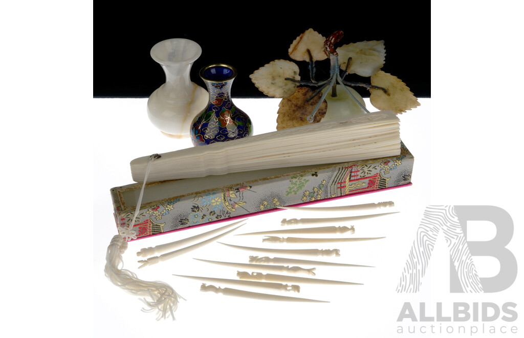 Collection Asian Items Comprising 11 Ivory Toothpicks with Carved Animal Themed Finials, Cloisonne Vase, Alabaster Vase, Carved Bone Fan in Original Case and Hardstone Apple