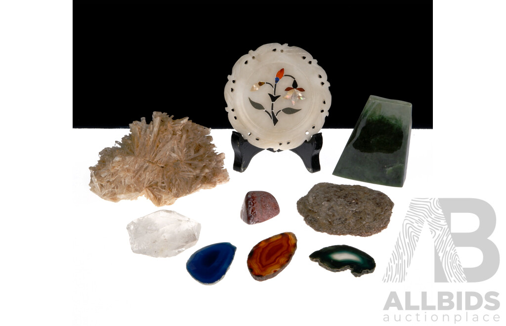 Collection Geological Specimens Including Jade, Agate Slices & Crystals