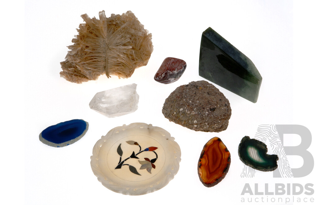 Collection Geological Specimens Including Jade, Agate Slices & Crystals