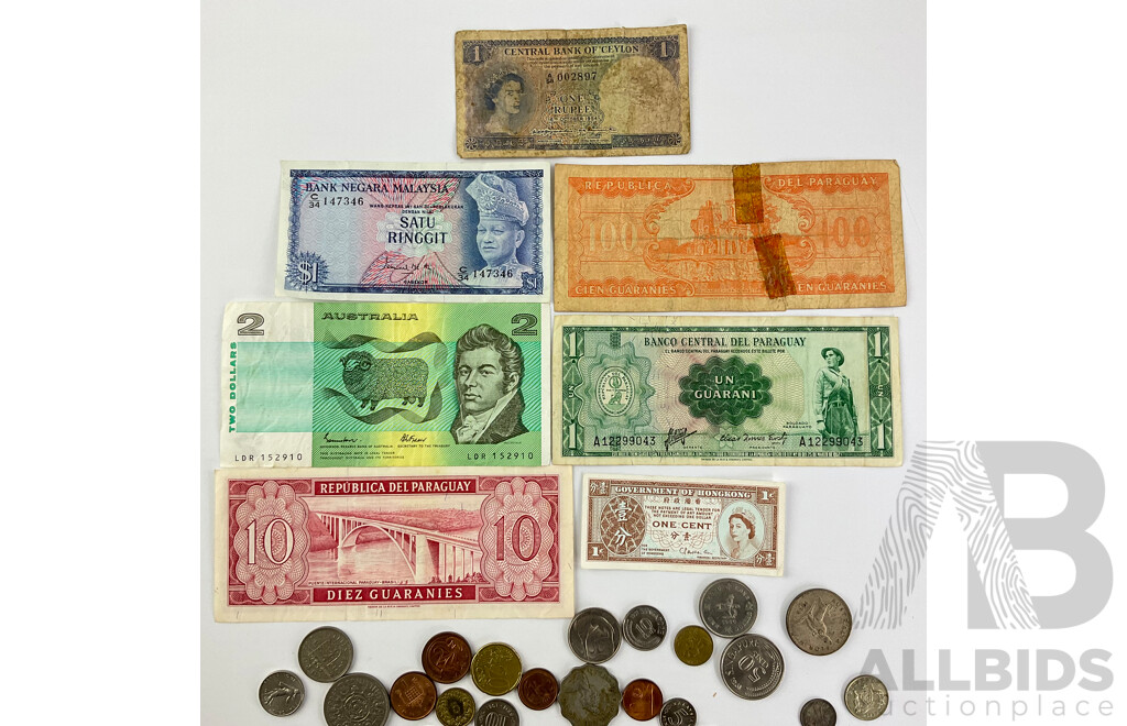 Collection of International Currency Including Australian 1954 Silver Florin and 1962 Sixpence, 1938 Threepence, 1985 Two Dollar Note Johnston/Fraser LDR, France, Paraguay, Hong Kong, France, Euro