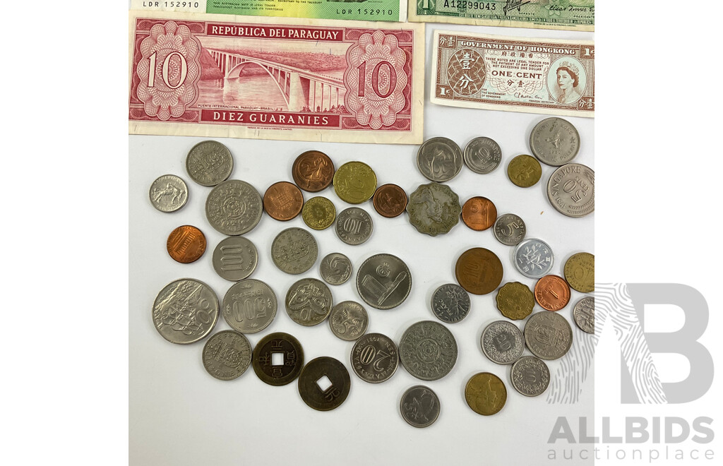 Collection of International Currency Including Australian 1954 Silver Florin and 1962 Sixpence, 1938 Threepence, 1985 Two Dollar Note Johnston/Fraser LDR, France, Paraguay, Hong Kong, France, Euro