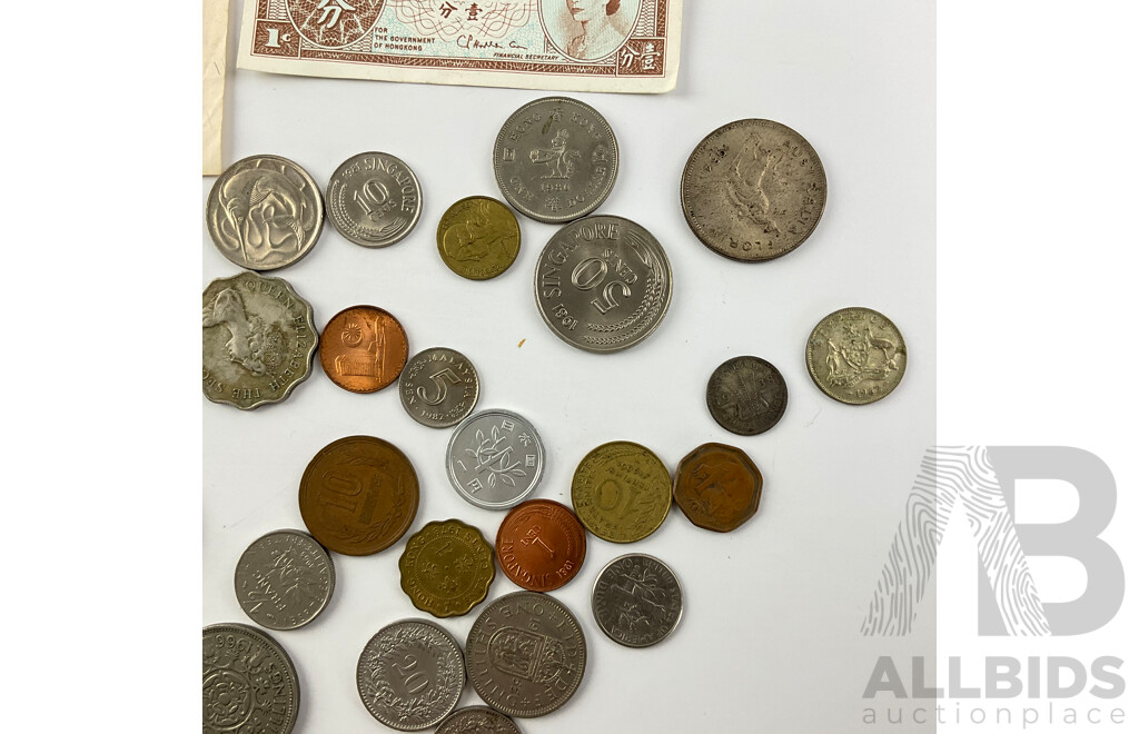 Collection of International Currency Including Australian 1954 Silver Florin and 1962 Sixpence, 1938 Threepence, 1985 Two Dollar Note Johnston/Fraser LDR, France, Paraguay, Hong Kong, France, Euro