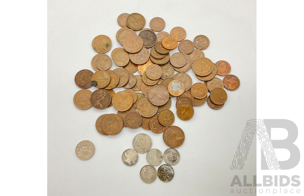 Australin Coins Including Silver Threepence, Sixpence with One and Two Cent Coins