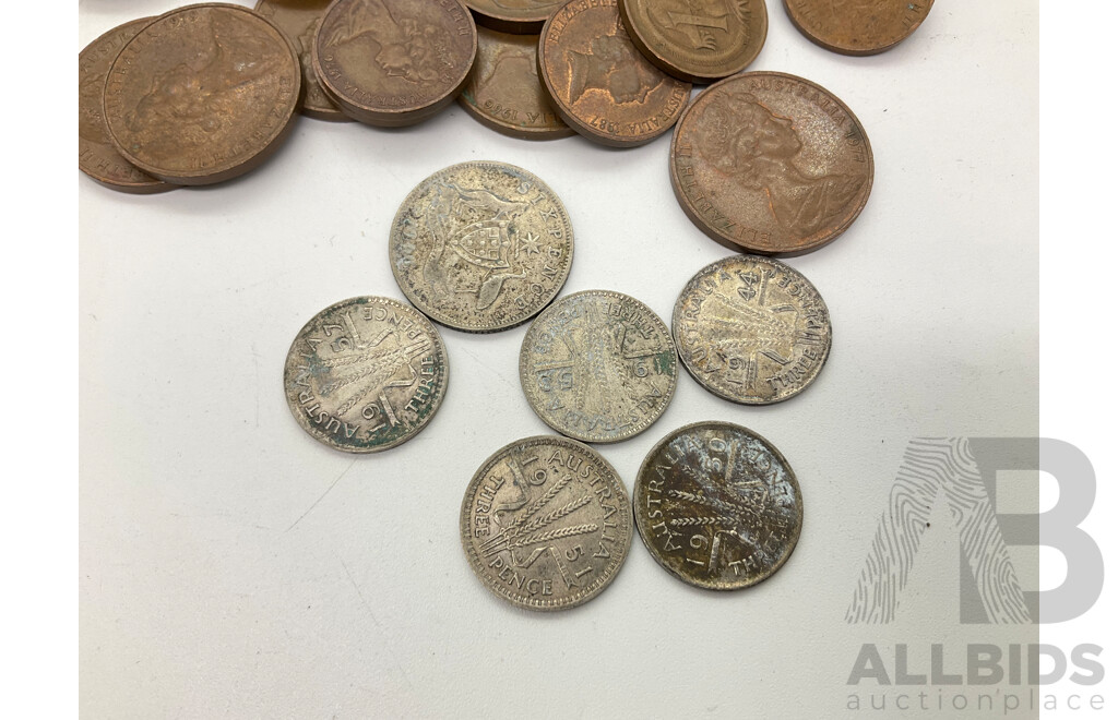 Australin Coins Including Silver Threepence, Sixpence with One and Two Cent Coins