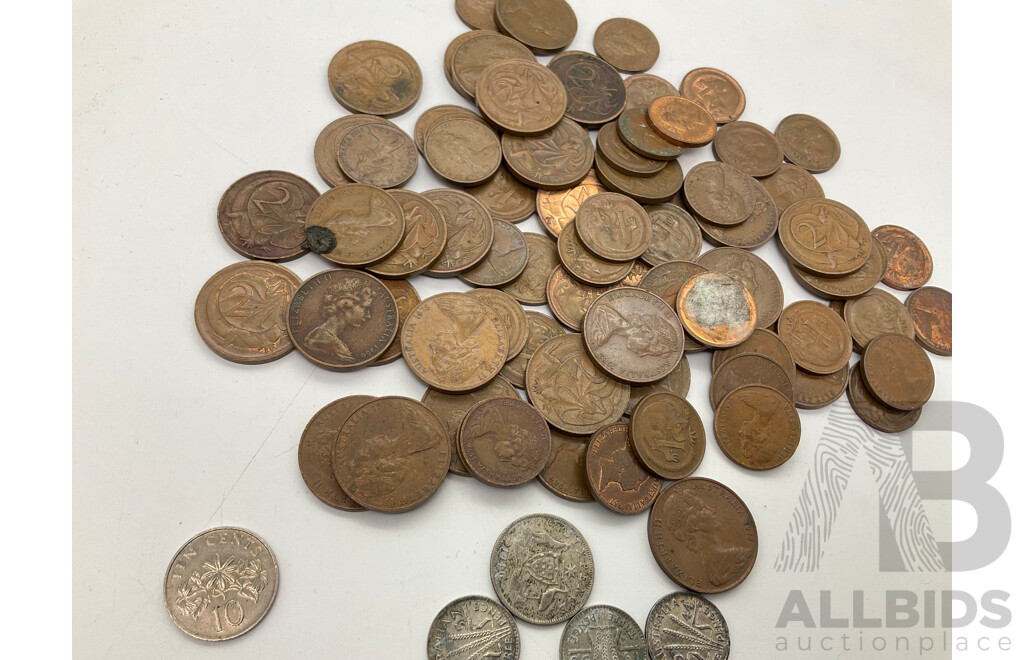 Australin Coins Including Silver Threepence, Sixpence with One and Two Cent Coins