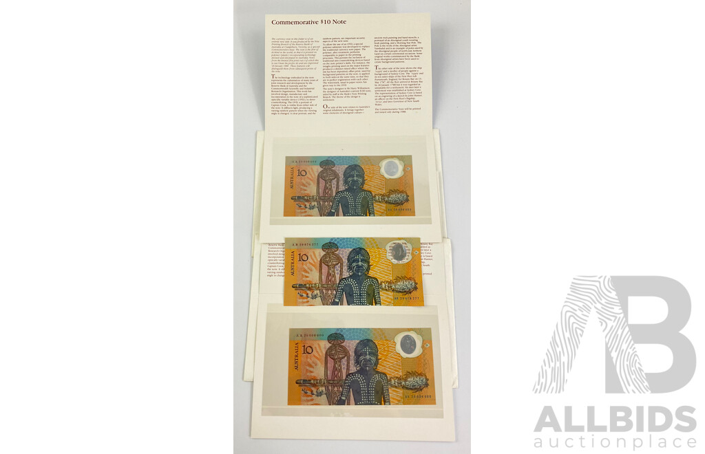 Australian 1988 Commemorative Ten Dollar Notes, AB 29676277, Two Collector Issues AA 20008600 and AA 2000603