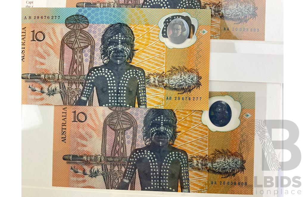 Australian 1988 Commemorative Ten Dollar Notes, AB 29676277, Two Collector Issues AA 20008600 and AA 2000603