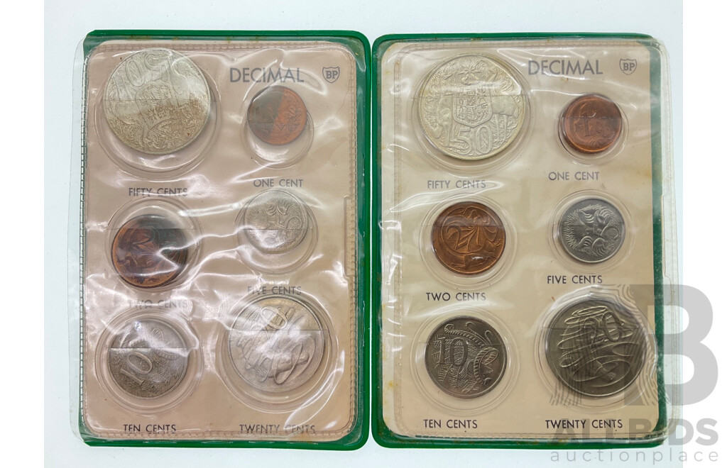 Two Australian 1966/67 BP Decimal Coin Souvenir Wallets with Silver Round Fifty Cent Coins