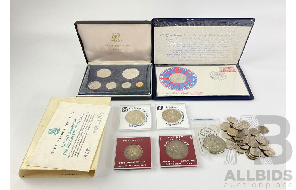 Australian 1974 Medallic Cover, 1970 Fifty Cent Commemorative Captain Cook, British Virgin Islands 1974 Proof Coin Set, Medallions Including Sydney Opera House Opening, Geraldton Ship Wreck, UK Commonwealth Games