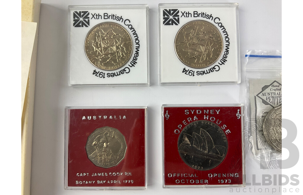 Australian 1974 Medallic Cover, 1970 Fifty Cent Commemorative Captain Cook, British Virgin Islands 1974 Proof Coin Set, Medallions Including Sydney Opera House Opening, Geraldton Ship Wreck, UK Commonwealth Games