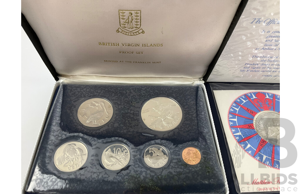 Australian 1974 Medallic Cover, 1970 Fifty Cent Commemorative Captain Cook, British Virgin Islands 1974 Proof Coin Set, Medallions Including Sydney Opera House Opening, Geraldton Ship Wreck, UK Commonwealth Games