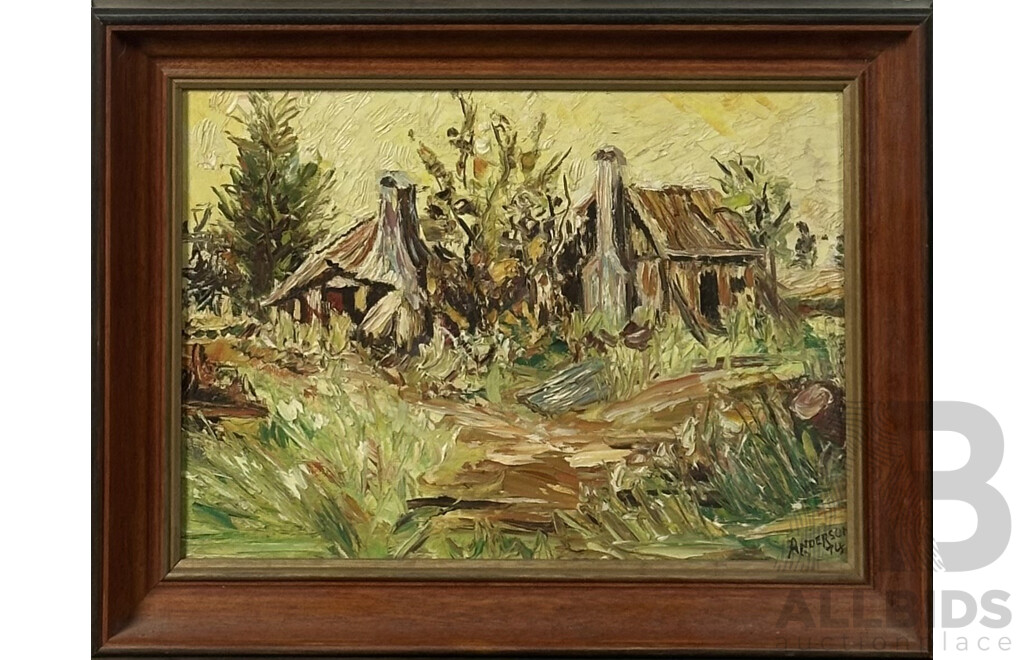 P. Anderson (Working c1970s), Bush Cottages and Bush Cottage by a Country Road, Pair of Oils on Board and Canvas, 38 x 46 cm and 33 x 43 cm (frames) (2)