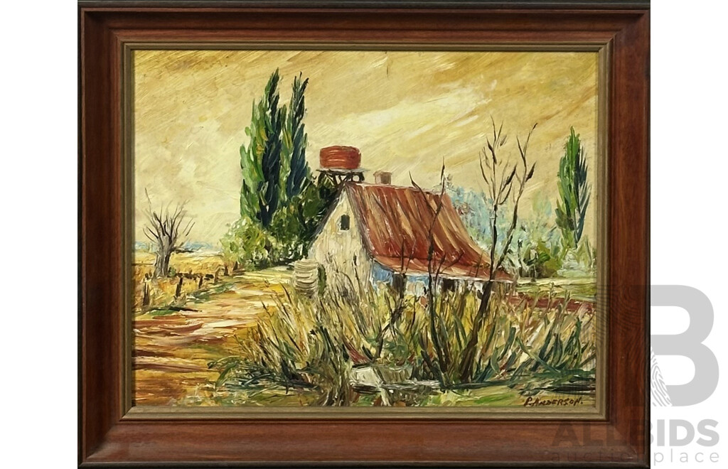 P. Anderson (Working c1970s), Bush Cottages and Bush Cottage by a Country Road, Pair of Oils on Board and Canvas, 38 x 46 cm and 33 x 43 cm (frames) (2)