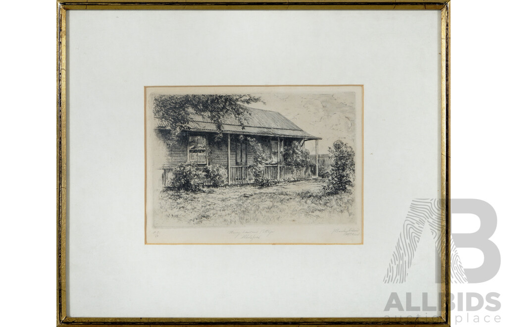 John Barclay Godson, (Late 19th and Early 20th Century, British-Australian, 1882-1957), Henry Lawson's Cottage - Abbostford, Etching 3 of 50, 32 x 39 cm (frame)