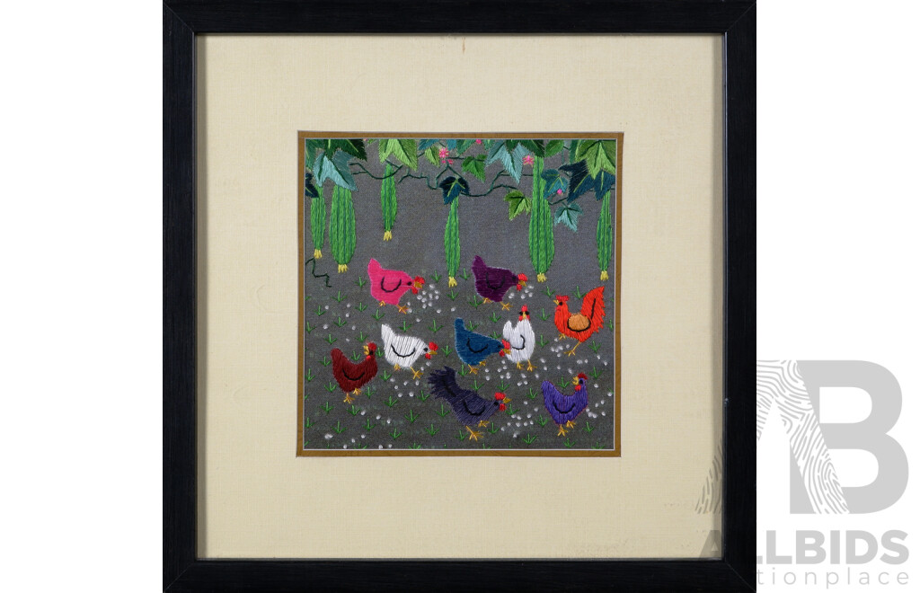 Pair of Vintage Chinese Silk Suzhou Hand Embroidered Miniatures, Chickens Grazing and Children at Play, 22 X 22 Cm (frame)