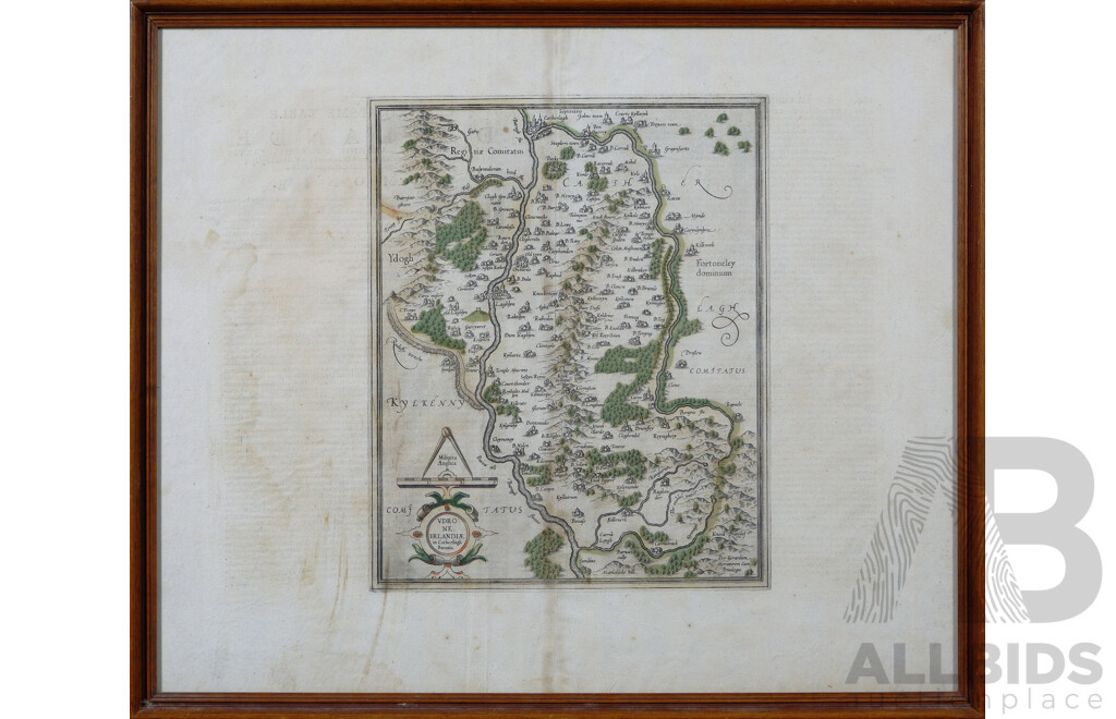 Gerardus Mercator (Flemish, 1512-1554), Antique Map of Udrone, Irlandiae in Catherlagh Baronia (Modern Idrone, County Carlow, Ireland), Hand Coloured and Engraved Map, Later Published by Johannes Janssonius (Dutch, 1588-1664) c1619, 50 x 60 cm (frame)