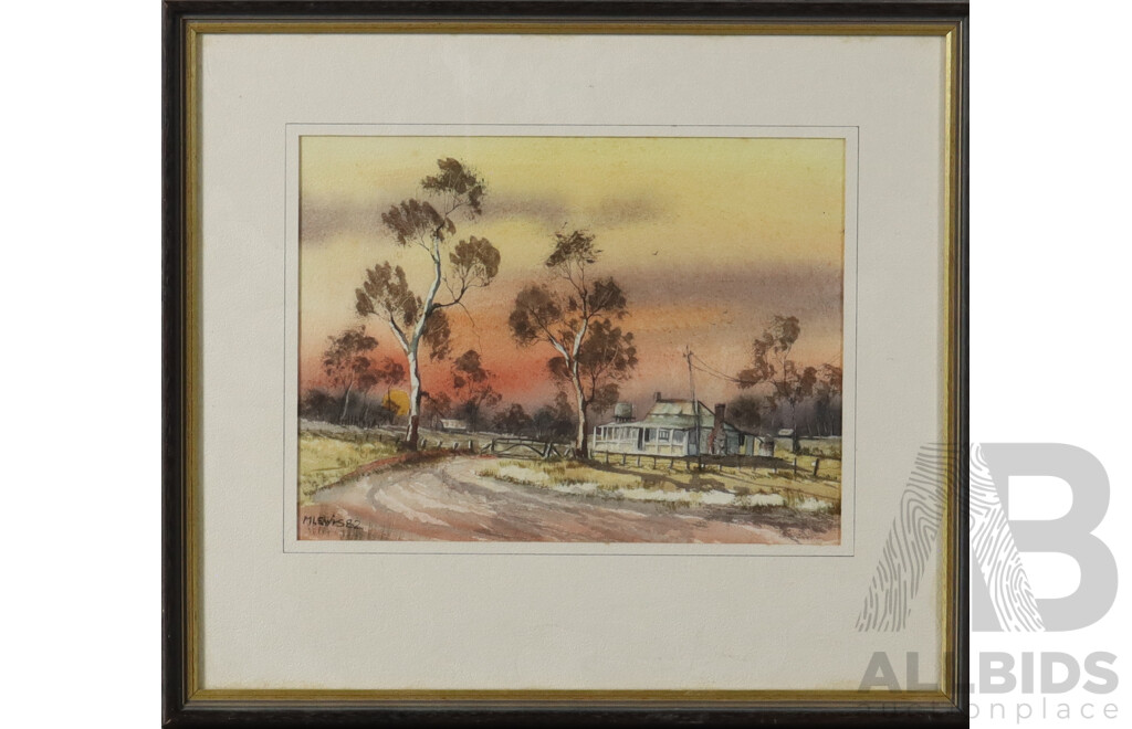 M. Lewis, (Australian, Working c1980s), Sunset Along Currawarner Road, Watercolour, 44 x 49 cm (frame)