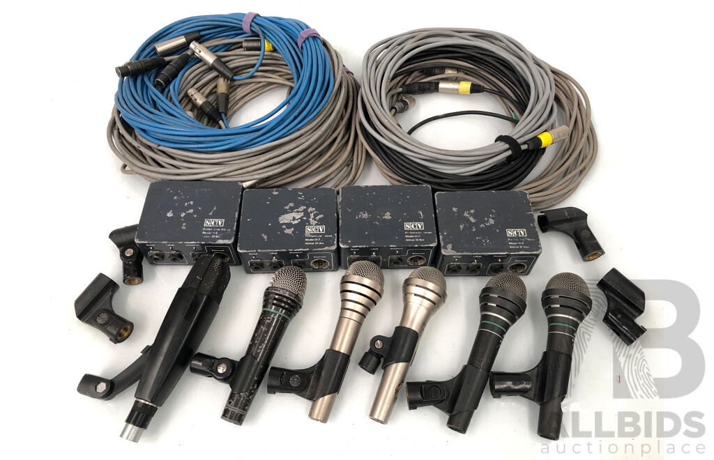 Selection of Vintage SCV Active DI Boxes and AKG/Sennheiser Dynamic Microphones with Cables