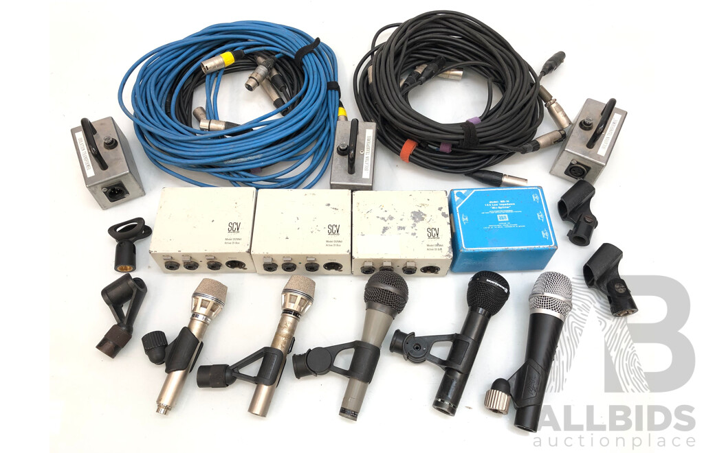 Selection of Vintage SCV Active DI Boxes and Peavey/Beyer/Astatic/AKG Microphones with Cables