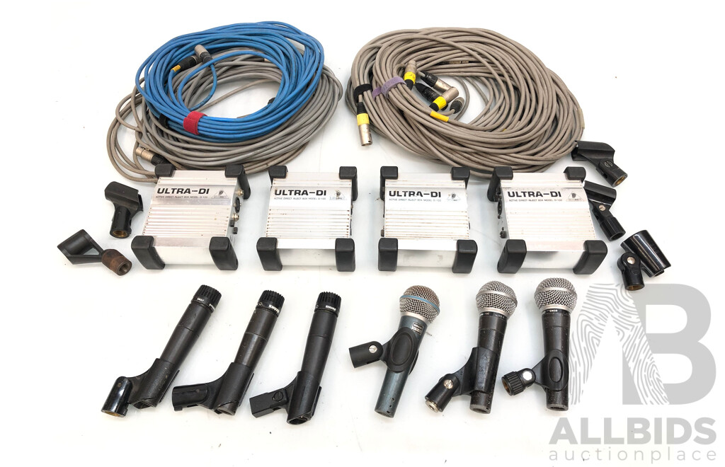 Selection of Vintage Behringer Electronic Direct Boxes and Shure Dynamic Microphones with Cables