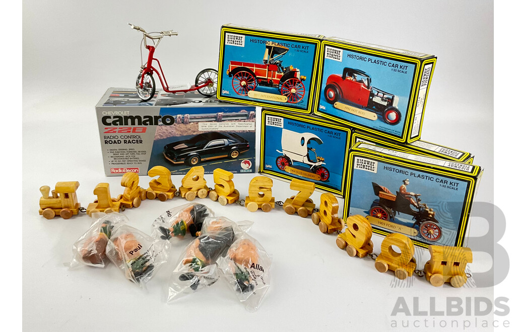 Vintage Dapol Highway Pioneers 1:32 Scale Models Including 1932 Hot Rod, 1910 Ford 'T' 1904 Olds Delivery with Shinsei Remote Controlled Camaro Z28, Diecast Scooter and Timber Number Train, ARL Figures