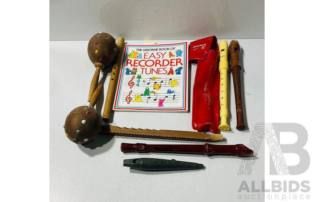 Collection of Various Instruments Including Recorders, Maracas and Other Woodwind Instruments