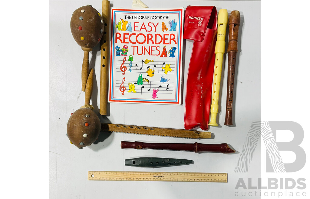 Collection of Various Instruments Including Recorders, Maracas and Other Woodwind Instruments