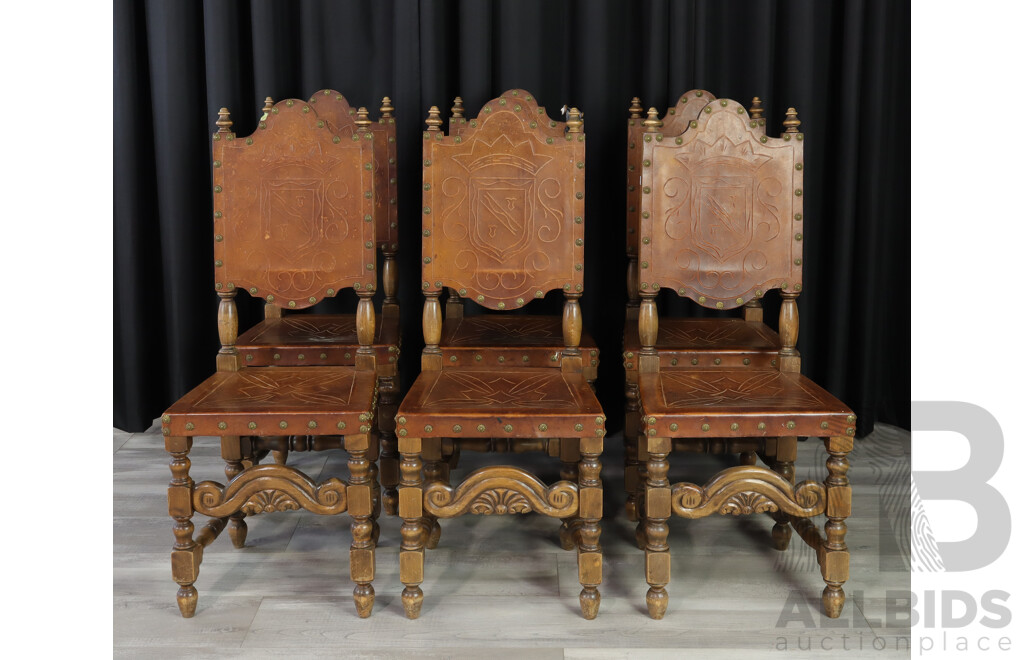 Set of Six Oak Dining Chairs with Embossed Leather Upholstery