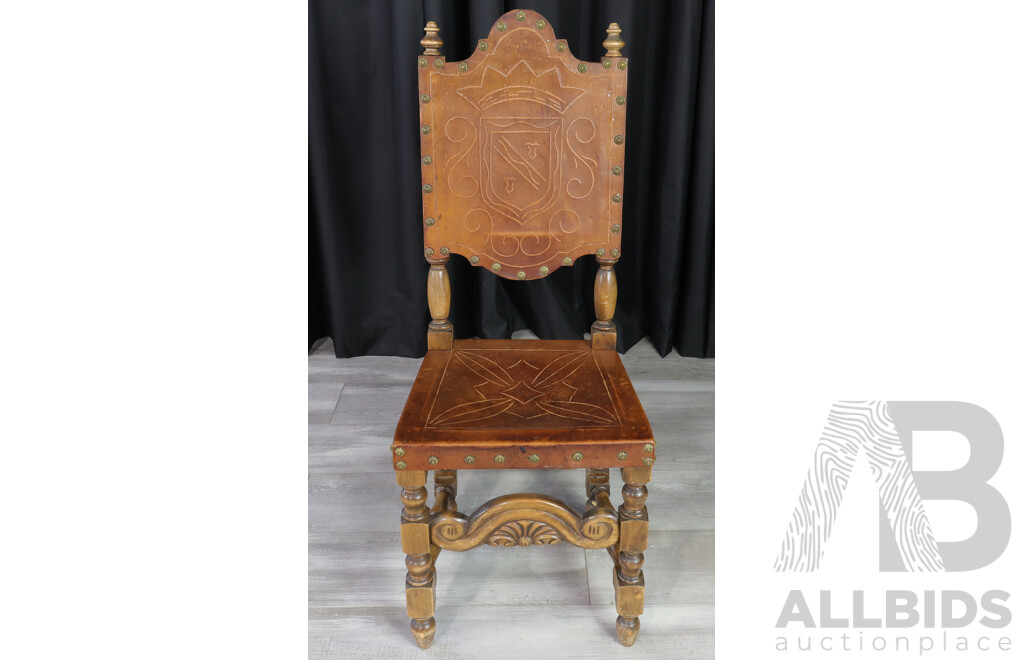 Set of Six Oak Dining Chairs with Embossed Leather Upholstery