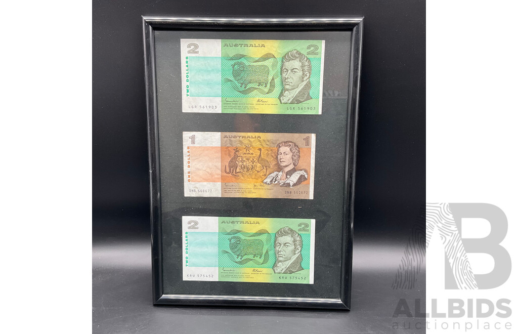 $1 and $2 Australian Paper Notes - Framed