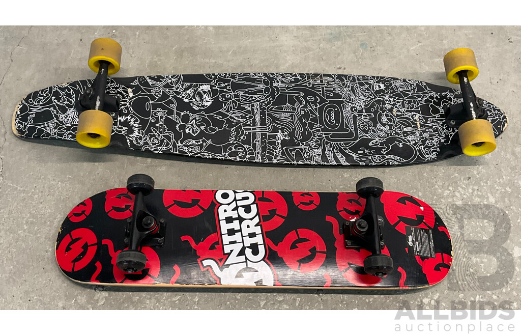 2x Skateboards - Longboard and Nitro Circus Shortboard