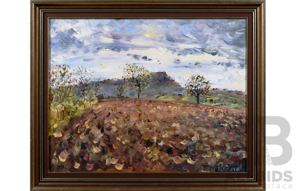 Tessa Perceval, (20th Century, Australian, 1947-), Ploughed Field and Approaching Storm, Oil on Canvas, 58 x 71 cm (frame)