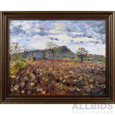 Tessa Perceval, (20th Century, Australian, 1947-), Ploughed Field and Approaching Storm, Oil on Canvas, 58 x 71 cm (frame)