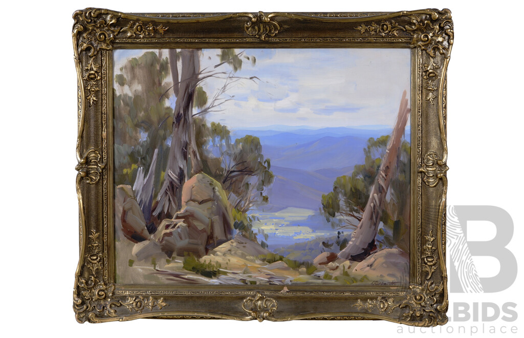 Ernest Buckmaster, (Early-Mid 20th Century, Australian, 1897-1968), Mt. Hotham, Victoria, View Over the Mountains, Oil on Canvas, 59 x 74 cm (image)