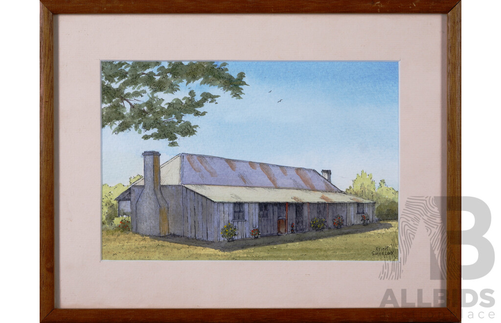 Keith Sherlock, (20th Century, Australian), Homestead Dundullimal, Dubbo, Pen and Watercolour, 24 x 32 cm (frame)