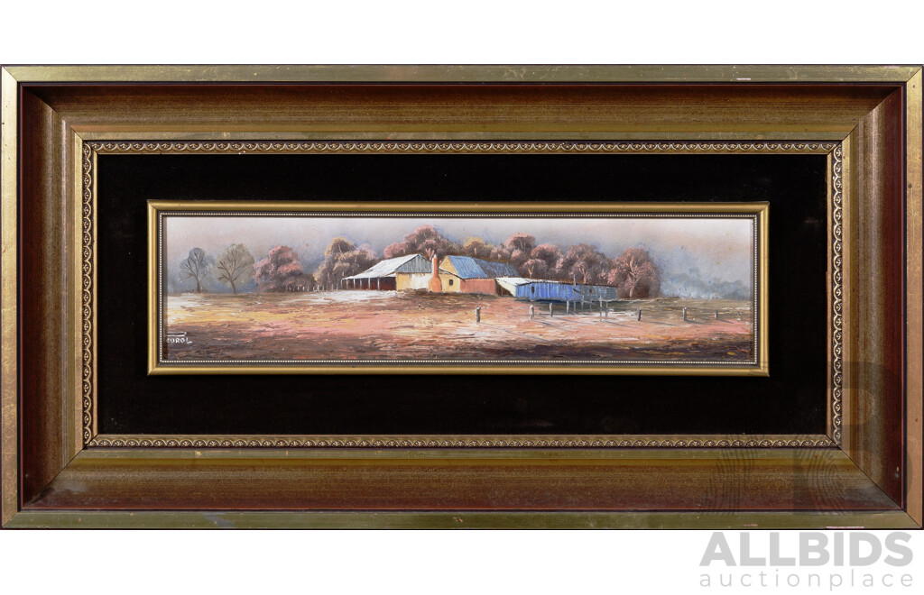 Jose Pedrol, (20th Century, Australian), Farmhouse Yass, Oil on Board, 31 x 62 cm (frame)