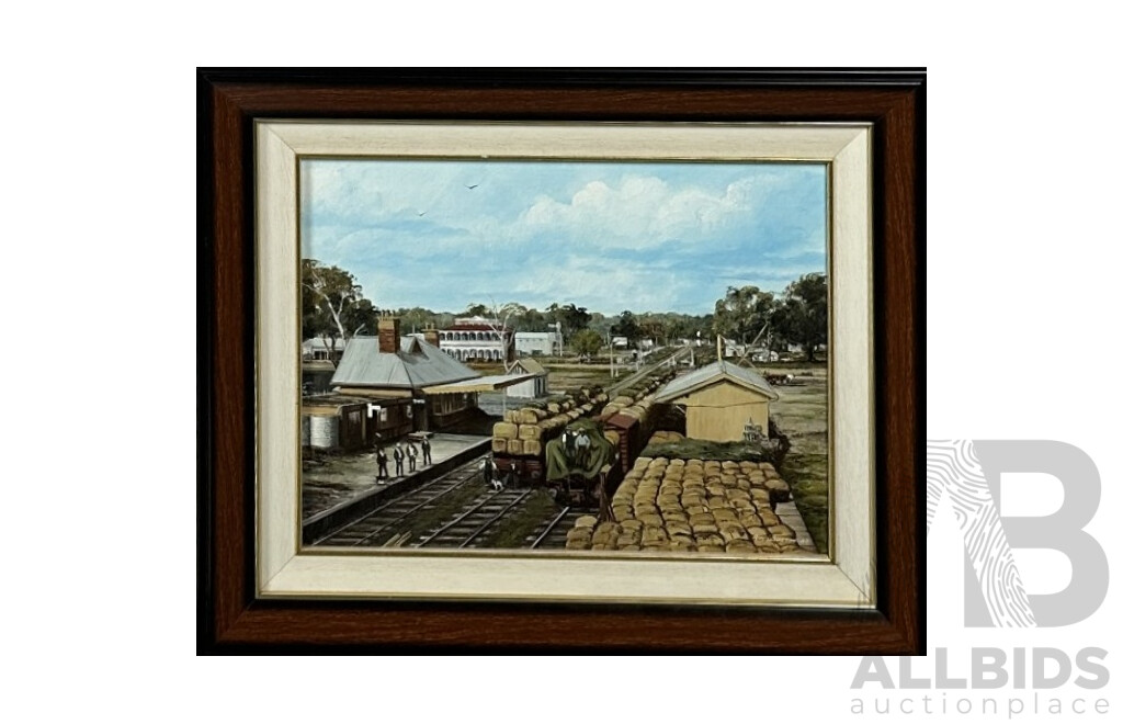 Rob Wellington, (20th Century, Australian, 1940-), Unloading Cargo at the Railway, Acrylic on Canvas, 45 x 55 cm (frame)
