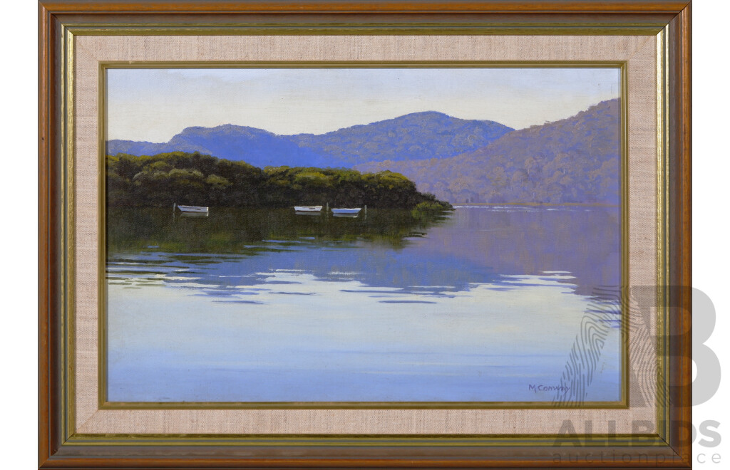 M. Conway, (20th Century), Three Boats Docked on the River, Oil on Masonite, 41 x 56.5 cm (frame)