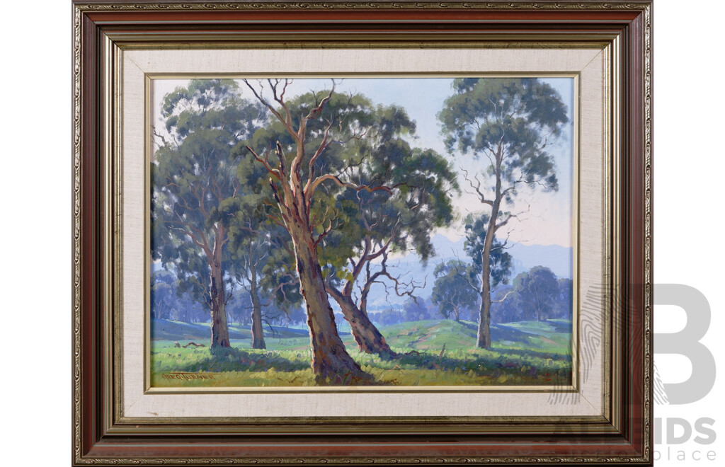 Greg Turner, (20th Century, Australian, 1938-1992), Gum Trees, Oil on Canvas Board, 60 x 75 cm (frame)