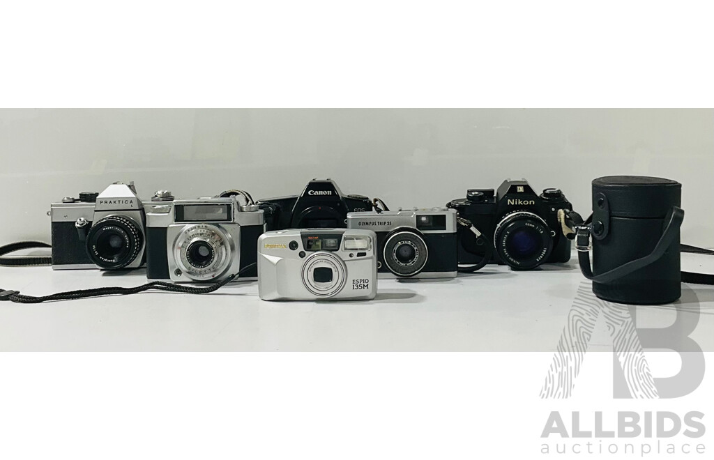 Collection of Vintage Film Camera and Lenses Including Canon EOS 1000, Nikon EM, Pentax Espio and More